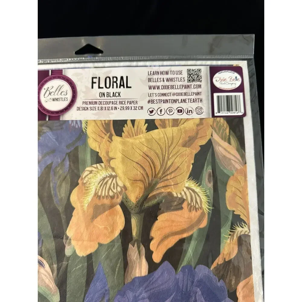 New Sealed Belles & Whistles Floral On Black Decoupage Rice Paper 11.81”x12.6”